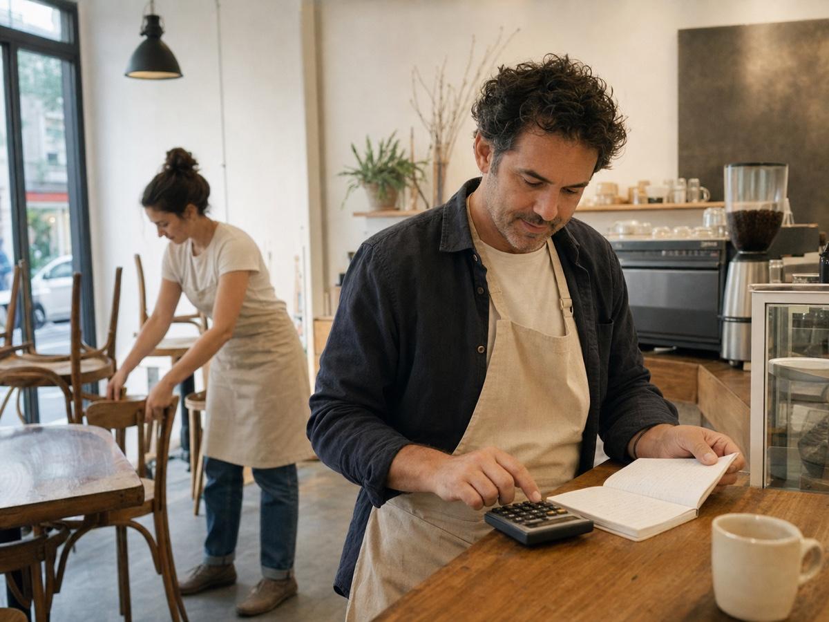 A café owner reviewing costs before opening