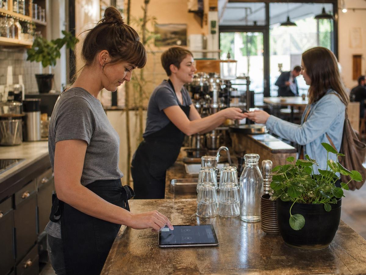 A café employee choosing music on a tablet while colleagues serve customers